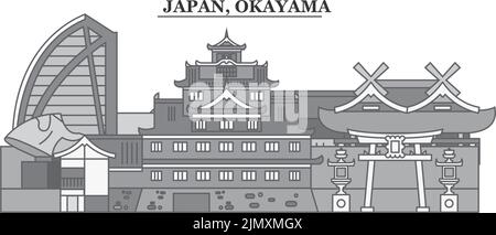 Japan, Okayama city skyline isolated vector illustration, icons Stock Vector