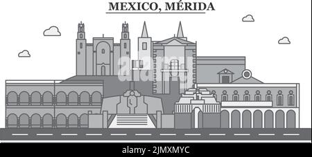 Mexico, Merida city skyline isolated vector illustration, icons Stock Vector