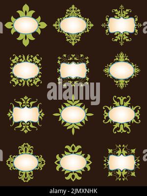 A set of vector vintage decorative ornamental floral blank labels and frames. Stock Vector