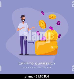 he inscription CRYPTO CURRENCY against the background of an illustration with a guy and a wallet into which bitcoin coins and bitcoin symbols fall Stock Vector
