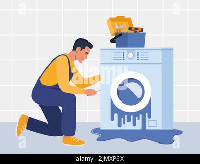 Master with set of professional tools repairs a washing machine. Washing machines repair service. Man character in uniform and washing machine with a Stock Vector