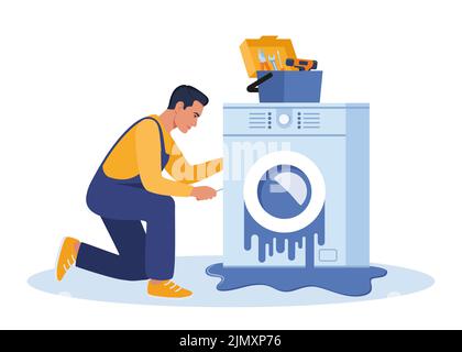 Master with set of professional tools repairs a washing machine. Washing machines repair service. Man character in uniform and washing machine with a Stock Vector