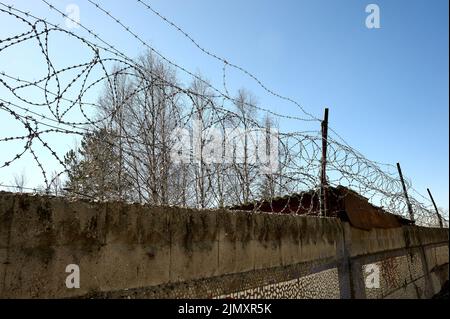 Barbed wire on a blue sky background. Stock Photo