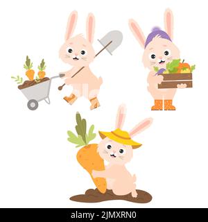 Collection of cartoon characters rabbit farmers. Cute bunny in rubber boots with crop, with garden wheelbarrow and shovel, collects carrots from garde Stock Vector