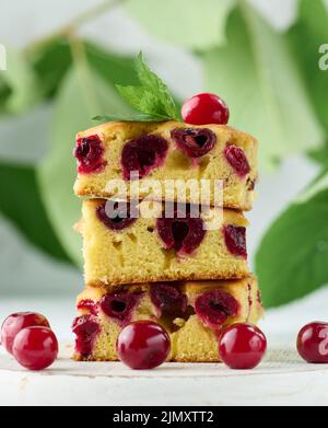 Baked pieces of sponge cake with red ripe cherries on a white wooden board Stock Photo
