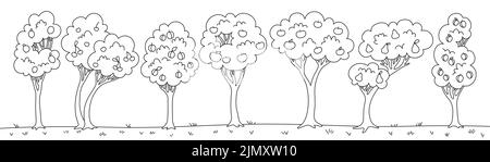 Fruit tree garden doodle cartoon set. Flat linear different orchard trees apple, pear and lemon, cherry, tangerine, plum apricot. Farm ripe fruits harvest botanical eco collection. Vector illustration Stock Vector