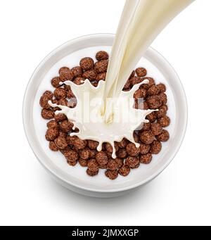 Chocolate corn balls with milk isolated on white background, top view Stock Photo