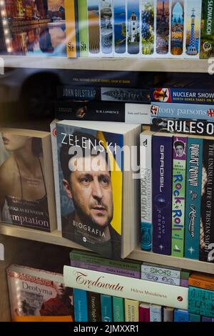 Lublin, Poland - June 05, 2022: Showcase of a bookstore with a book in the center 'Zelensky. Biography' Stock Photo