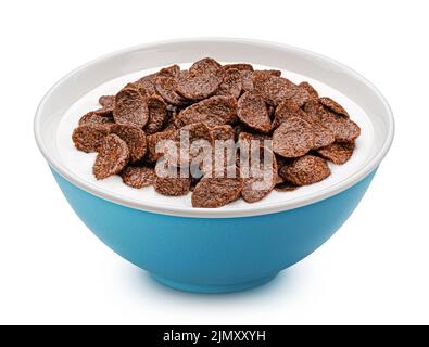 Chocolate corn flakes with milk isolated on white background Stock Photo