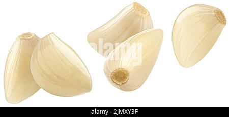 Falling peeled garlic cloves isolated on white background Stock Photo