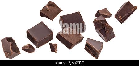 Falling chocolate pieces isolated on white background Stock Photo