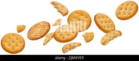 Falling round cheese crackers isolated on white background Stock Photo