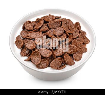 Chocolate corn flakes with milk isolated on white background Stock Photo