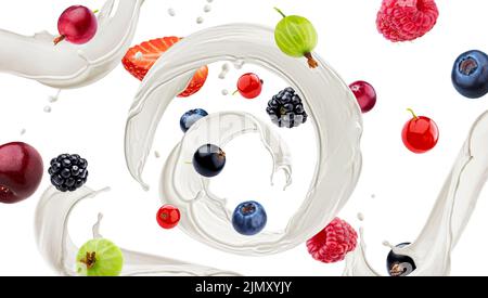 Wild berries with milk splash isolated on white background Stock Photo
