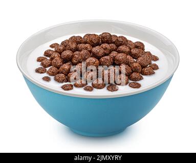 Chocolate corn balls with milk isolated on white background Stock Photo