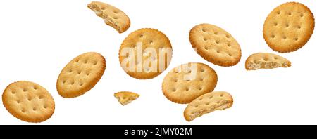 Falling round cheese crackers isolated on white background Stock Photo