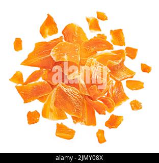 Dry carrot flakes isolated on white background, top view Stock Photo