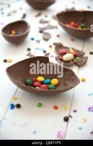 Small candies open chocolate egg Stock Photo