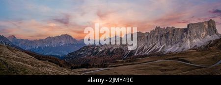 Mountain evening dusk peaceful panorama from Giau Pass. Stock Photo