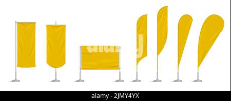 Yellow vinyl flags and set banners on pole. Vector realistic template of fabric promotion posters, advertising striped canvas pennants hanging on metal frame and stand Stock Vector