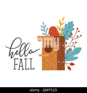 Hello autumn birdhouse fall season vector elements Stock Vector