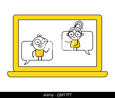 Man and woman are looks out of chat bubbles and talking to each other on a laptop screen. Communication and social media concept. Vector stock illustr Stock Vector