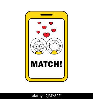 Couple match in online application on smartphone. Online dating concept. Virtual pair building. Vector stock illustration. Stock Vector