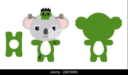 Cute die cut Halloween koala chocolate egg holder template. Cartoon animal character in a Frankenstein costume. Retail paper box for the easter egg Stock Vector
