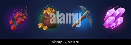 Game props icons dynamite, golden coins in sack, pickaxe and pink crystals ui or gui design elements. Game assets, gold mine items money, pick and gem stones treasure, Isolated cartoon 3d vector set Stock Vector