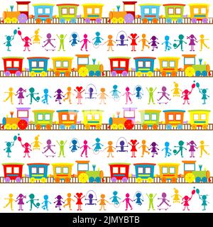 Background for kids with cartoon stylized hand drawn colored children and trains Stock Vector