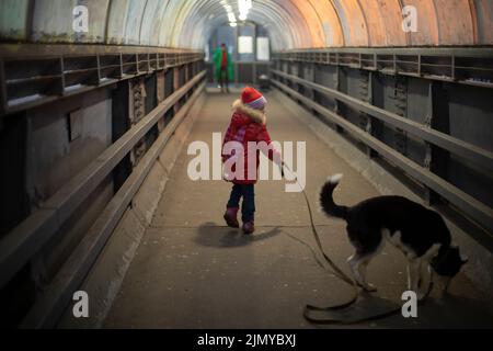 Child walks dog alone. Girl leads dog on leash. Child is alone in town. Red jacket. Walk down street. Stock Photo
