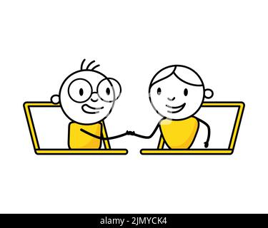 Men shaking hands through laptop screen. Handshake of business partners. Vector stock illustration. Stock Vector