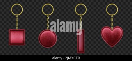 Red leather keychains realistic vector set. Luxury trinkets of square, rectangular, round, heart shape with golden metal chain and ring isolated on transparent background. Precious gift mockup Stock Vector