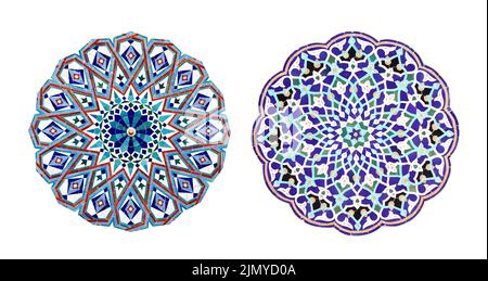 Set of round detail of ancient mosaic walls with floral and geometric ornaments. Collection of ceramic circles with traditional iranian tile decoratio Stock Photo