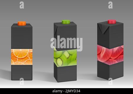Black carton packs with fruit print for juice in front and angle view. Vector realistic 3d mockup of containers for juicy drink with plastic caps and pattern of strawberry, orange and kiwi Stock Vector