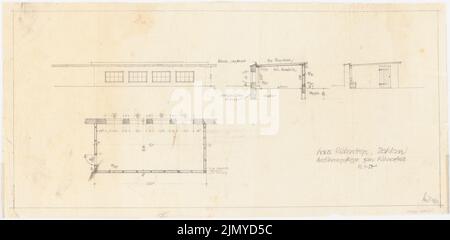 Böhmer Franz (1907-1943), Villa Joachim von Ribbentrop in Berlin-Dahlem. Conversion (September 13th): chicken coop: 2 views, cut, floor plan 1:50. Pencil on transparent, 32.8 x 67.1 cm (including scan edges) Stock Photo