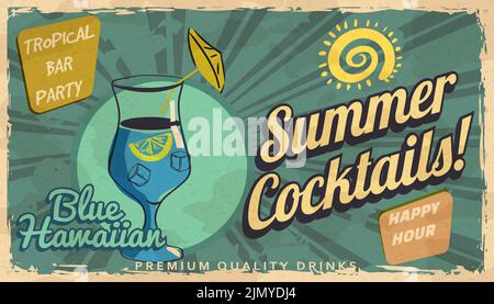 Summer Blue Hawaiian Cocktail Retro banner. Cocktail lounge vintage background, scratched old textured paper Stock Vector