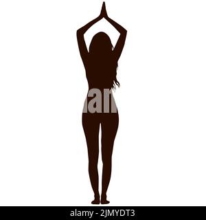 Silhouette of a woman with long hair practicing yoga in a standing position Stock Vector