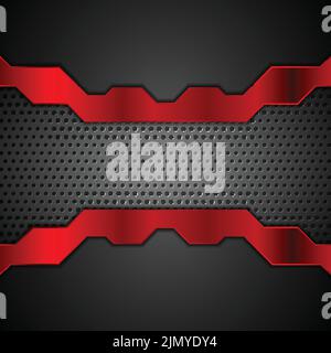 Dark metal perforated background with red glossy stripes. Vector design Stock Vector
