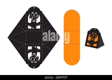 Happy Halloween treat box. Gift party favor box for sweets, candies, small presents, bakery. Simple packaging die cut template for laser cut with silh Stock Vector