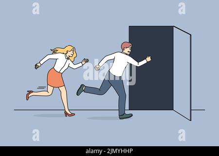 People running to open door being late in office. Businesspeople or employee hurry leaving workplace on Friday. Vector illustration.  Stock Vector