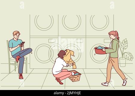 People washing clothes in public laundry. Men and women clean clothing in laundromat. Vector illustration.  Stock Vector