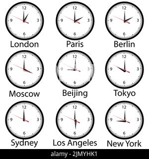World time zone with wall clocks showing time in different cities of the world. Stock Vector