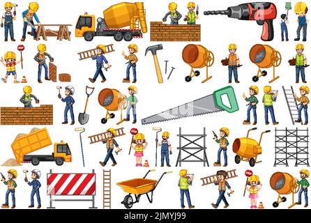Set of construction site objects and workers illustration Stock Vector