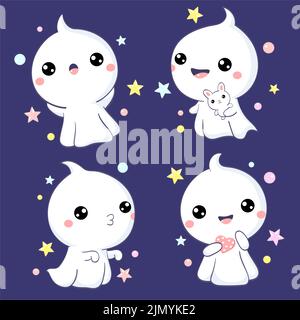 Set of cute ghosts with different emotions in kawaii style. Halloween collection of little ghosts with toy, pink heart. Vector illustration EPS8 Stock Vector