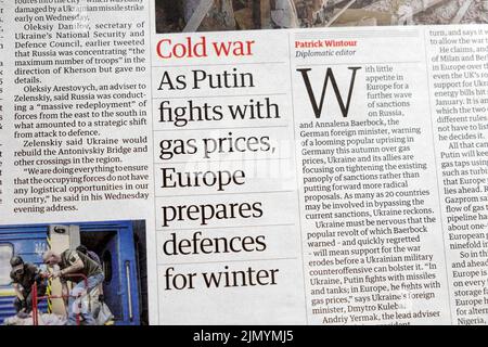 'Cold war As Putin fights with gas prices, Europe prepares defences for winter' Guardian newspaper headline energy article 29 July 2022 London UK Stock Photo