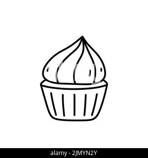 Cute cupcake with cream isolated on white background. Sweet food. Vector hand-drawn illustration in doodle style. Perfect for various designs, cards, Stock Vector