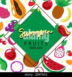 Festive wreath decorated with exotic fruit, hand-drawn. Isolated on a white background. Sample poster, party invitation, holiday banner, postcard. Vec Stock Vector