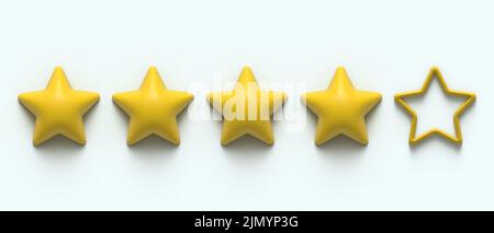 Five 5 star rank sign. Four gold stars from five. Ranking system. 3d render glossy golden stars sticker icon rating isolated on background. Service Stock Vector