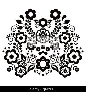 Mexican folk art style vector floral design, retro black and white pattern inspired by traditional embroidery from Mexico Stock Vector